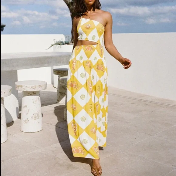 NWT Sabo Skirt Venetian Smocked Cut Out Maxi Dress in Oceano Yellow - Picture 2 of 5